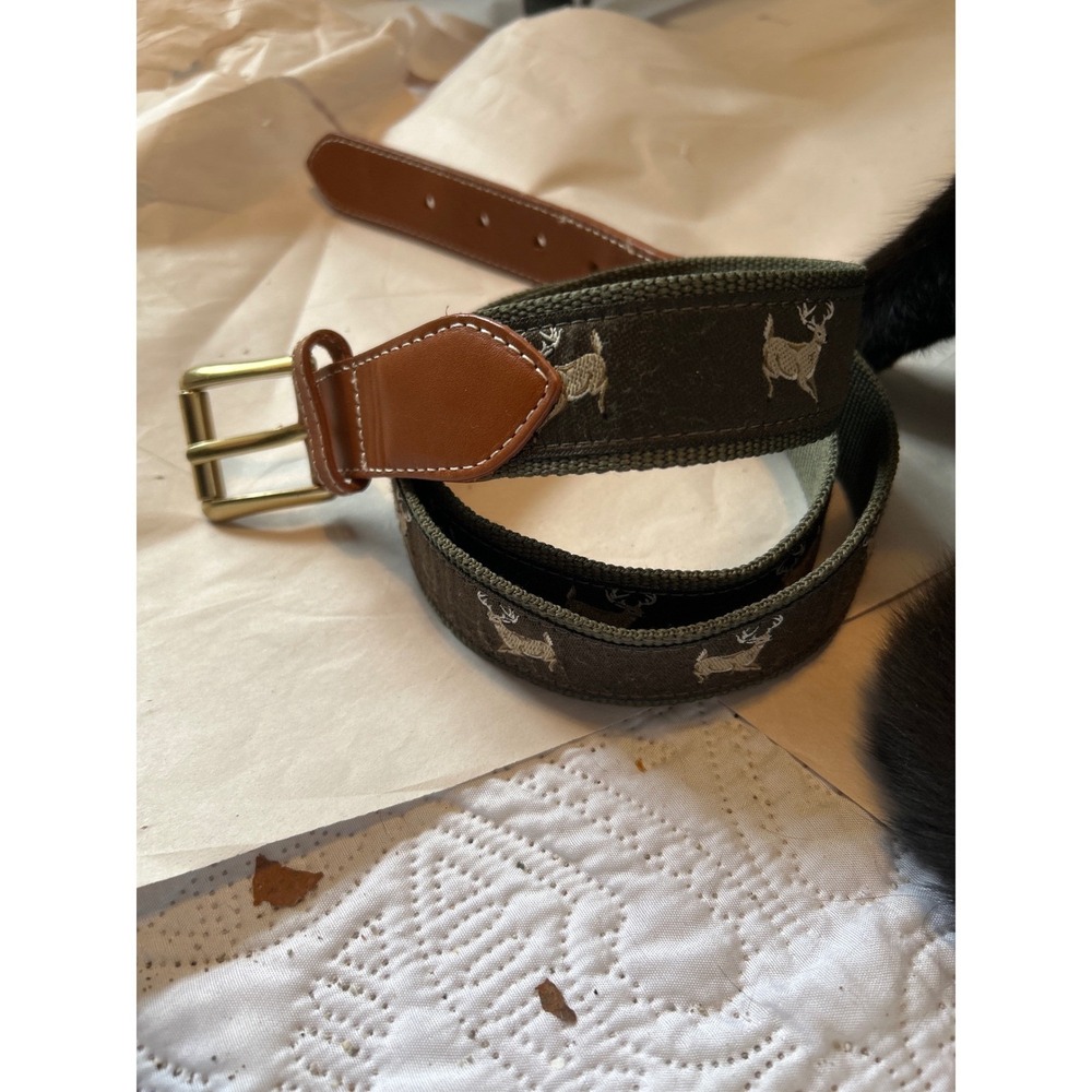 LLBean Mens Canvas Ribbon Belt Buckle Deer Pattern Green Leather Trim‎ Size 40